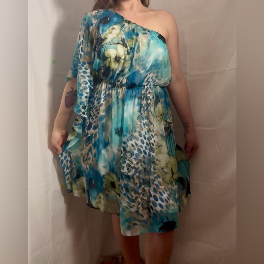 Turquoise Floral Abstract One Shoulder Flowy Boho Beach Goddess Dress Size L-XL - Picture 13 of 13